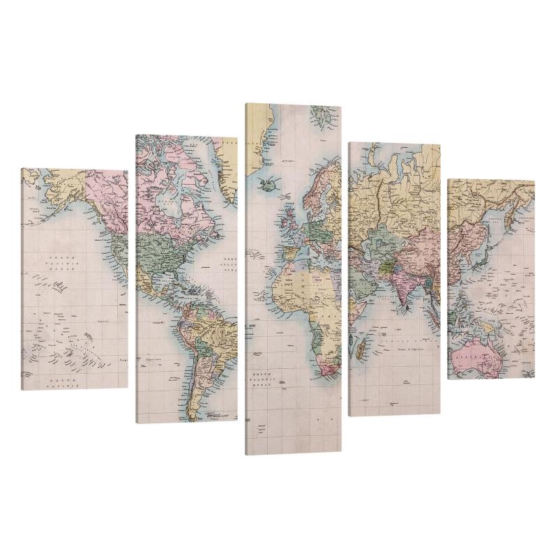 Päťdielny obraz Ročník mapa sveta okolo roku 1850