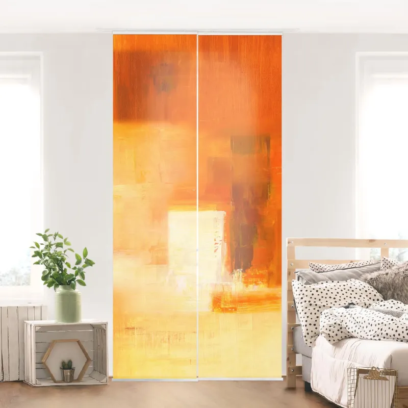 Súprava posuvnej záclony - Zloženie v oranžovej a hnedej 03  -2 panely