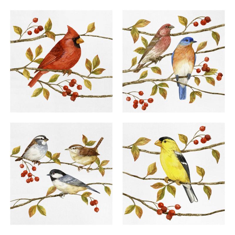 Štvordielny obraz Sada vtákov a bobúľ II