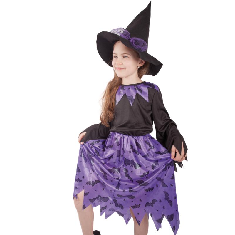 Detský kostým čarodejnice s netopiermi a klobúkom (S)
