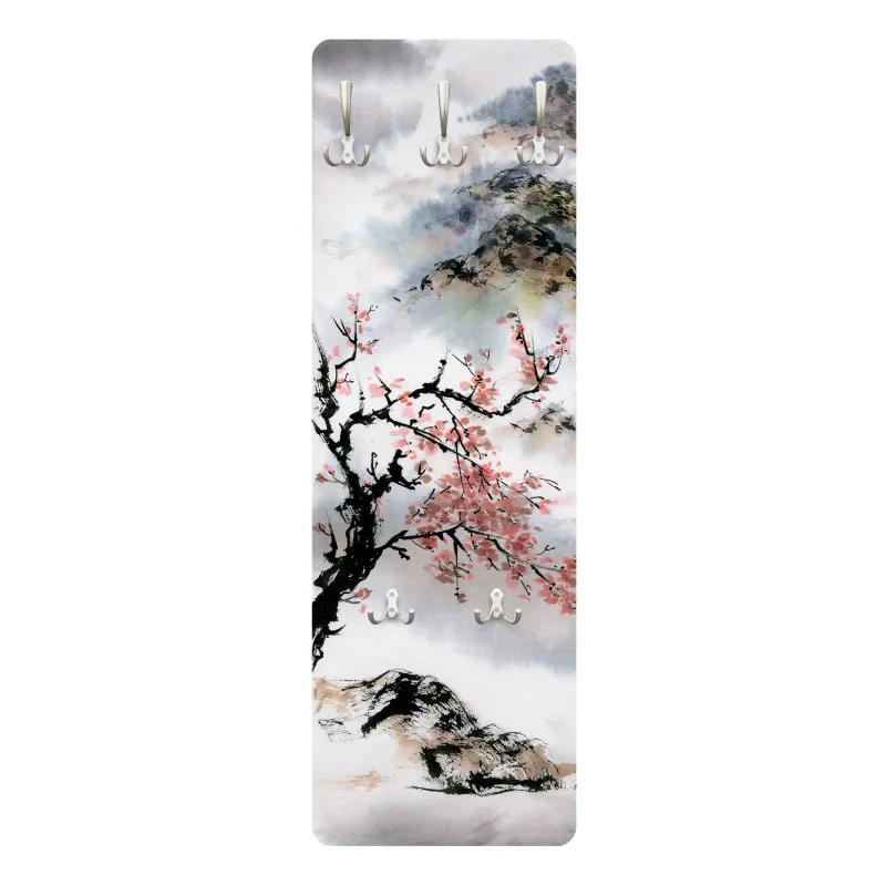 Vešiak na stenu Japonská akvarelová kresba čerešňa a hory