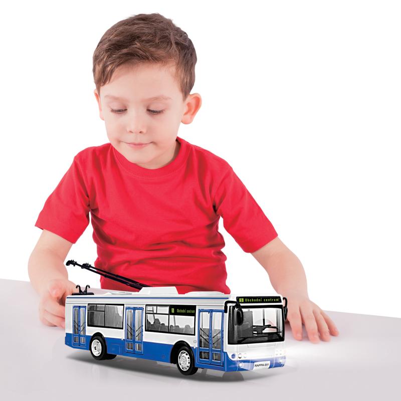 Trolejbus ktorý hlási zastávky česky 28 cm modrý