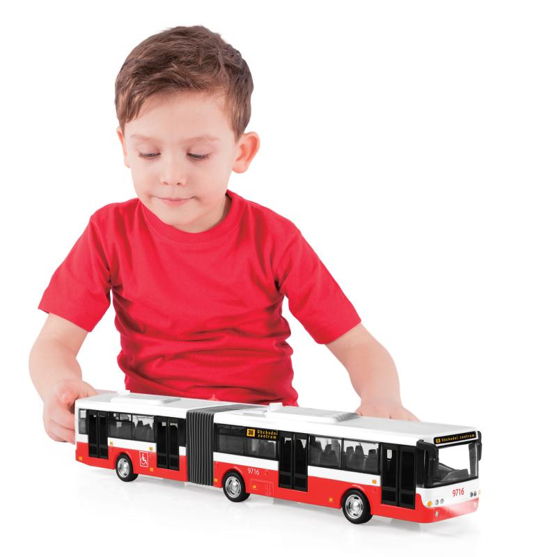 Kĺbový autobus ktorý hlási zastávky česky 36 cm červený