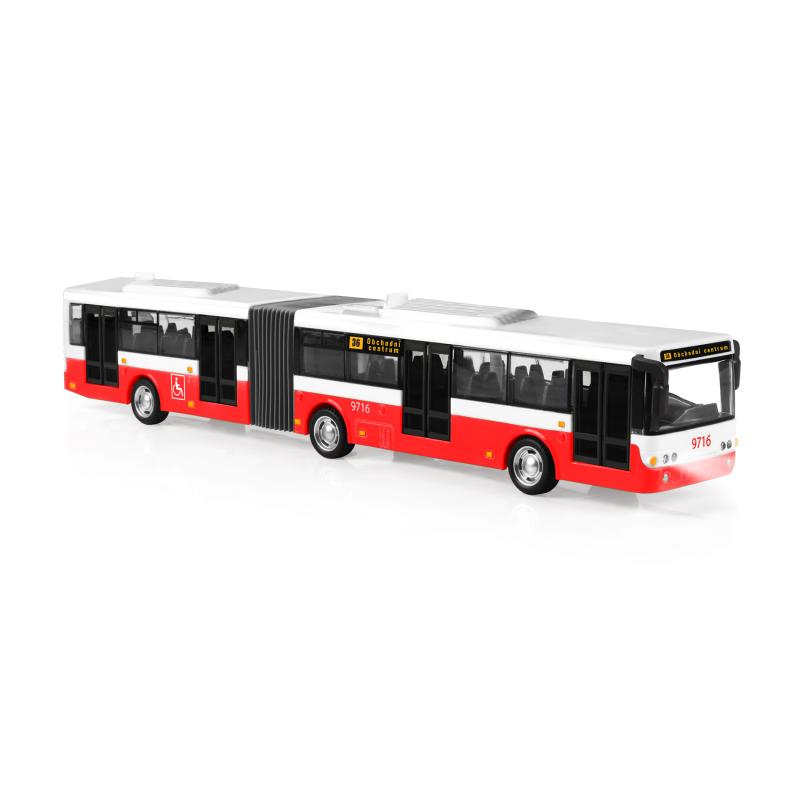 Kĺbový autobus ktorý hlási zastávky česky 36 cm červený